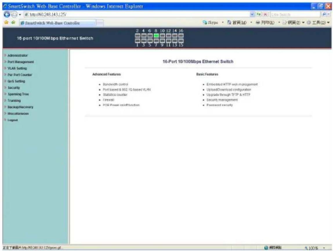 SmartSwitch Web-Base Controller - Windows Internet Explorer http://60.248.143.125/ SmartSwitch Web-Base Controller Skype · 首頁(M) · 列印(P) · 網頁(E) · 工具(T) 16-port 10/100Mbps Ethernet Switch 2 4 6 8 10 12 14 16 1 3 5 7 9 11 13 15 Administrator Port Management VLAN Setting Par Port Counter QoS Setting Security Spanning Tree Trunking Backup/Recovery Miscellaneous Logout 16-Port 10/100Mbps Ethernet Switch Advanced Features • Bandwidth control • Port based & 802.1Q based VLAN • Statistics counter • Firewall • POE Power asoff function Basic Features • Embedded HTTP web management • UploadDownload configuration • Upgrade through TFTP & HTTP • Security management • Password security 正在下载图片 http://60.248.143.125@jpor.gf.
