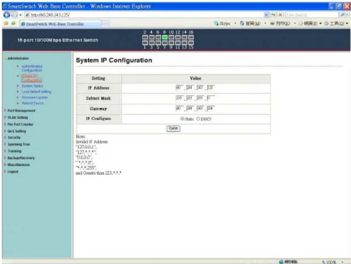 SmartSwitch Web-Base Controller - Windows Internet Explorer http://60.248.143.125/ SmartSwitch Web-Base Controller 10-port 10/100Mbps Ethernet Switch 2 4 6 8 10 12 14 16 1 3 5 7 9 11 13 15 Administrator • Authentication Configuration • Open IP Configuration • System Status • Load default setting • Firmware Update • Robot Device Port Management VLAN Setting Per Port Counter QoS Setting Security Spanning Tree Transing Backup/Recovery Miscellaneous Logout System IP Configuration Setting Value IP Address 60 ,241 ,143 ,125 Subnet Mask 255 ,255 ,255 ,0 Gateway 60 ,241 ,143 ,124 IP Configure Static ○ DHCP Update Note: Invalid IP Address "127.0.0.1", "127.0.0.1", "0.0.0.0", "*.0.0.0", "*.0.0.0", and Greater than 223.***