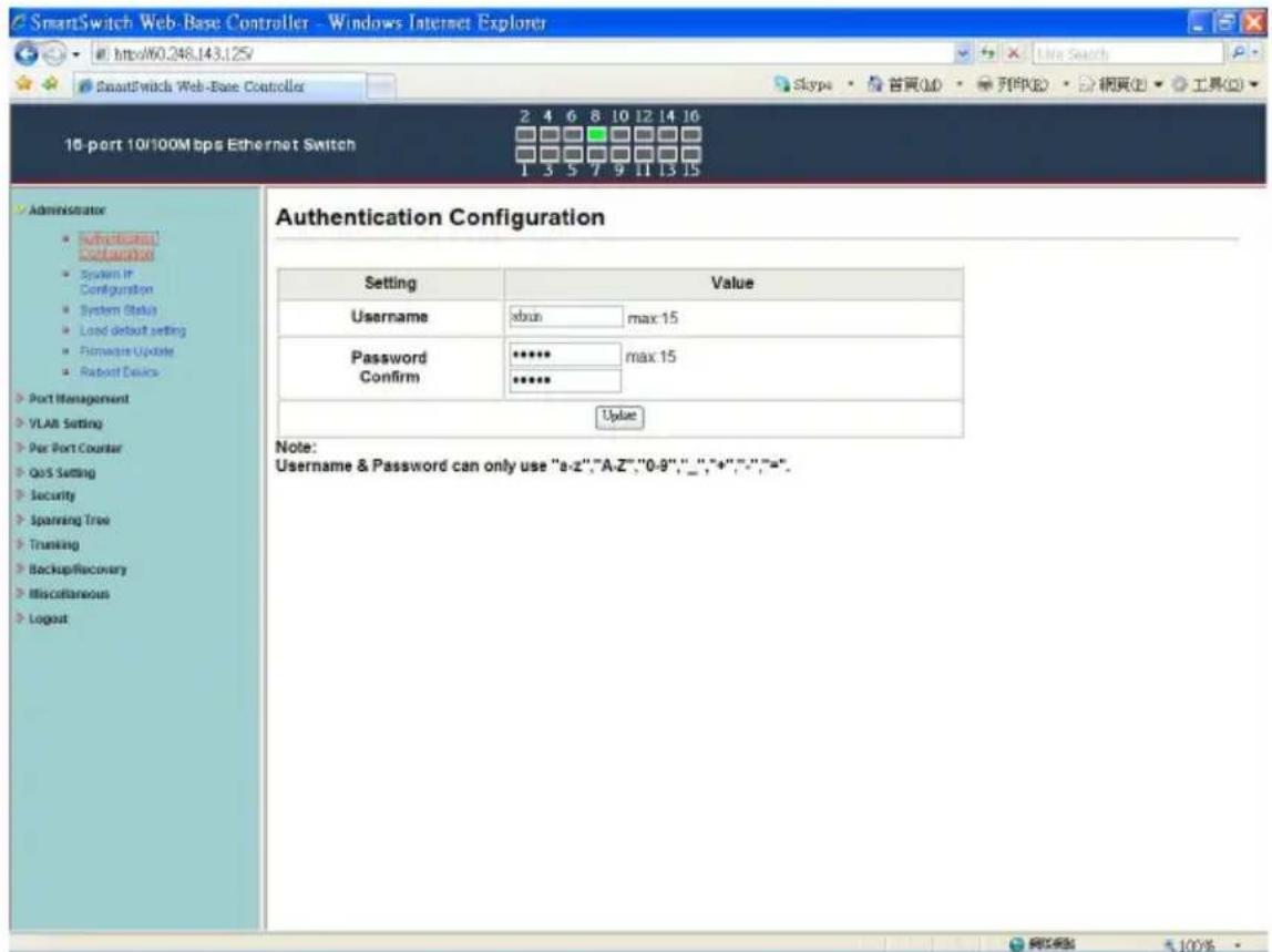 SmartSwitch Web-Base Controller - Windows Internet Explorer http://60.248.143.125 SmartSwitchs Web-Base Controller 16-port 10/100Mbps Ethernet Switch 2 4 6 8 10 12 14 16 1 5 5 7 9 11 13 15 Administrator Authentication Confusion System IP Configuration System Status Load default setting Hardware Update Robot Device Port Management VLAN Setting Par Port Counter QoS Setting Security Spanning Tree Trunking BackupRecovery Miscellaneous Logout Authentication Configuration Setting Value Username xbun_max:15 Password ***** max:15 Confirm *****_ Value Note: Username & Password can only use "a-z","A-Z","0-9",","+"",","=". 100%