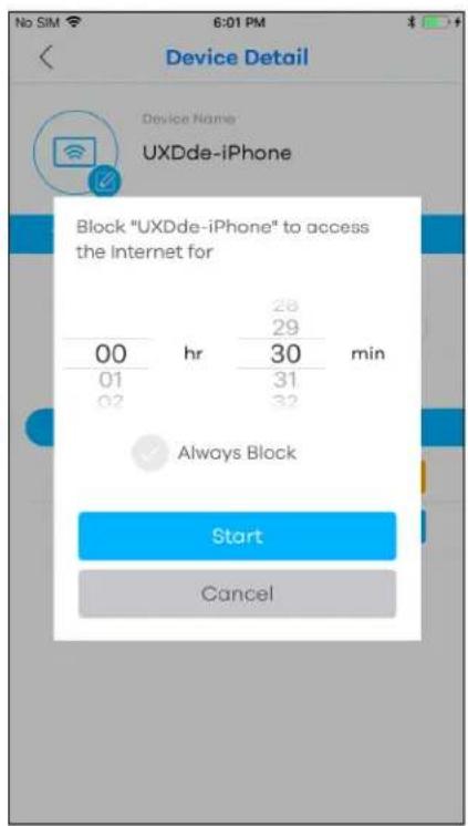 Device Detail Device Name UXDde-iPhone Block "UXDde-iPhone" to access the internet for 28 29 00 hr 30 min 01 31 02 32 Always Block Start Cancel