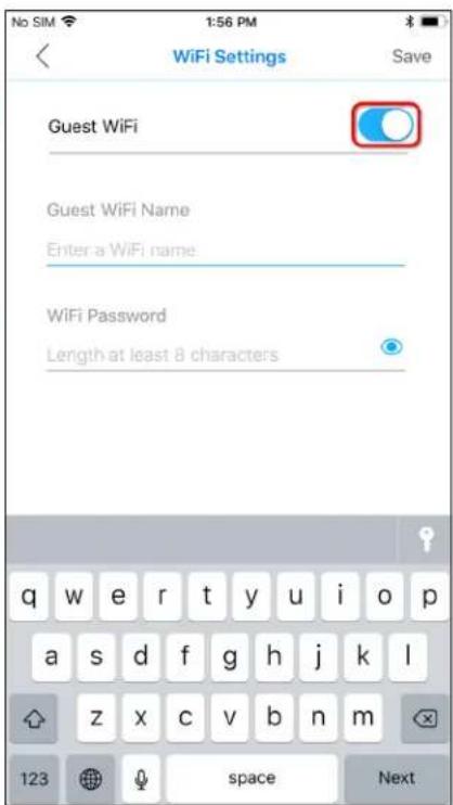 No SIM 1:56 PM WiFi Settings Save Guest WiFi Guest WiFi Name Enter a WiFi name WiFi Password Length at least 8 characters q w e r t y u i o p a s d f g h j k l z x c v b n m 123 space Next