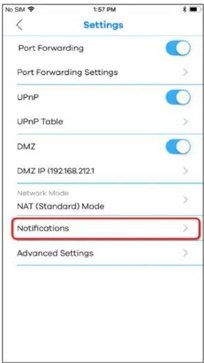 No SIM 1:57 PM Settings Port Forwarding Port Forwarding Settings > UPnP UPnP Table > DMZ DMZ IP (192.168.212.1 > Network Mode NAT (Standard) Mode > Notifications > Advanced Settings >