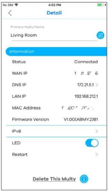 No SIM 4:03 PM Detail Primary Multy Name Living Room Information Status Connected WAN IP 1 21.5° 6 DNS IP 172.21.5.1 > LAN IP 192.168.212.1 MAC Address F:\EC\PC\. Firmware Version V1.00(ABMY.2)B1 IPv6 > LED Restart > Delete This Multy i
