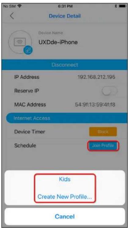 Device Detail Device Name UXDde-iPhone Disconnect IP Address 192.168.212.195 Reserve IP MAC Address 54:9f:13:59:4f:18 Internet Access Device Timer Block Schedule Join Profile Kids Create New Profile... Cancel