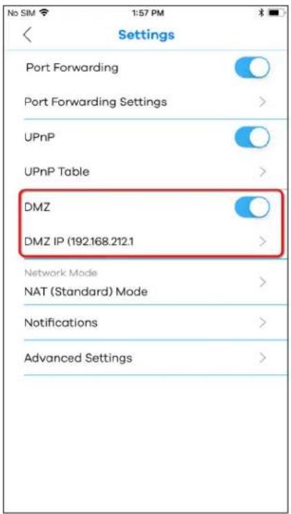 No SIM 1:57 PM Settings Port Forwarding Port Forwarding Settings > UPnP UPnP Table > DMZ DMZ IP (192.168.212.1 > Network Mode NAT (Standard) Mode > Notifications > Advanced Settings >