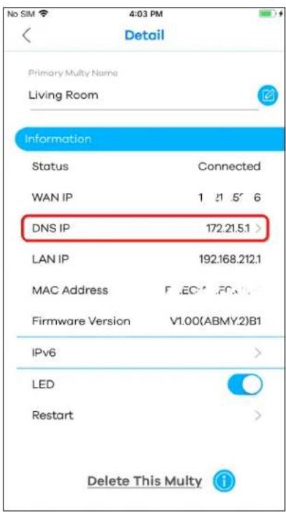 No SIM 4:03 PM Detail Primary Multy Name Living Room Information Status Connected WAN IP 1 21 5' 6 DNS IP 172.21.5.1 > LAN IP 192.168.212.1 MAC Address F:\EC\FD\. Firmware Version V1.00(ABMY.2)B1 IPv6 > LED > Restart > Delete This Multy