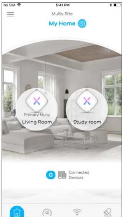 No SIM 5:41 PM Multy Site My Home Primary Multy Living Room Study room Connected Devices