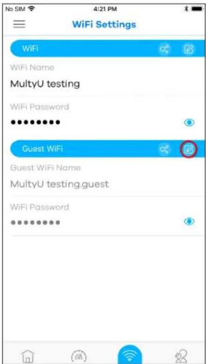WiFi Settings WiFi WiFi Name MultiU testing WiFi Password ******** Guest WiFi Guest WiFi Name MultiU testing.guest WiFi Password