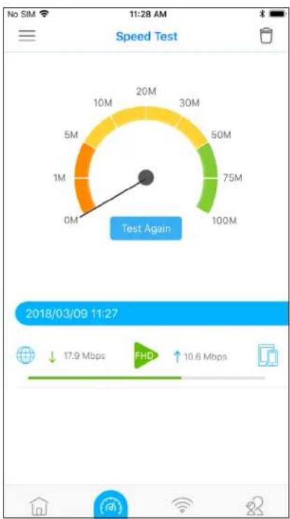 Speed Test No SIM 11:28 AM 10M 20M 5M 30M 1M 50M 0M 75M 100M Test Again 2018/03/09 11:27 ↓ 17.9 Mbps FHD ↑ 10.6 Mbps