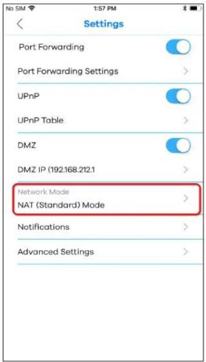 Settings Port Forwarding Port Forwarding Settings UPnP UPnP Table DMZ DMZ IP (192.168.212.1) Network Mode NAT (Standard) Mode Notifications Advanced Settings