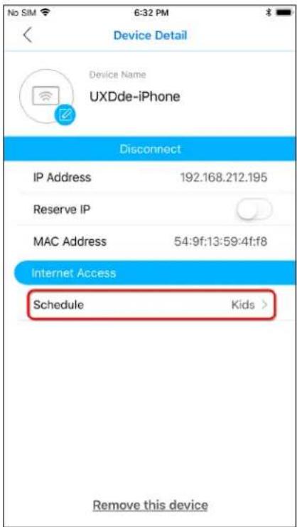 Device Detail Device Name UXDde-iPhone Disconnect IP Address 192.168.212.195 Reserve IP MAC Address 54:9f:13:59:4f:f8 Internet Access Schedule Kids > Remove this device