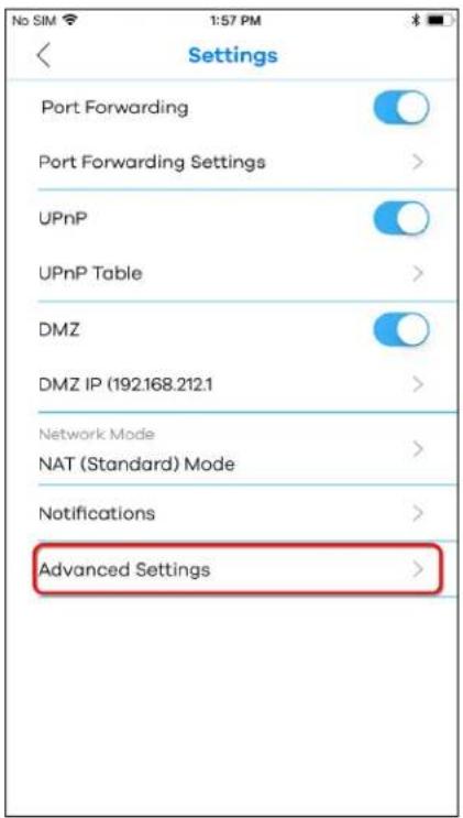 Settings Port Forwarding Port Forwarding Settings > UPnP UPnP Table > DMZ DMZ IP (192.168.212.1 > Network Mode NAT (Standard) Mode > Notifications > Advanced Settings >