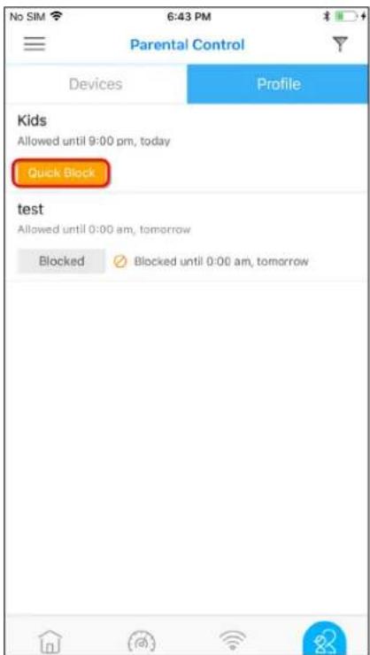 No SIM 6:43 PM Parental Control Devices Profile Kids Allowed until 9:00 pm, today Quick Block test Allowed until 0:00 am, tomorrow Blocked Blocked until 0:00 am, tomorrow