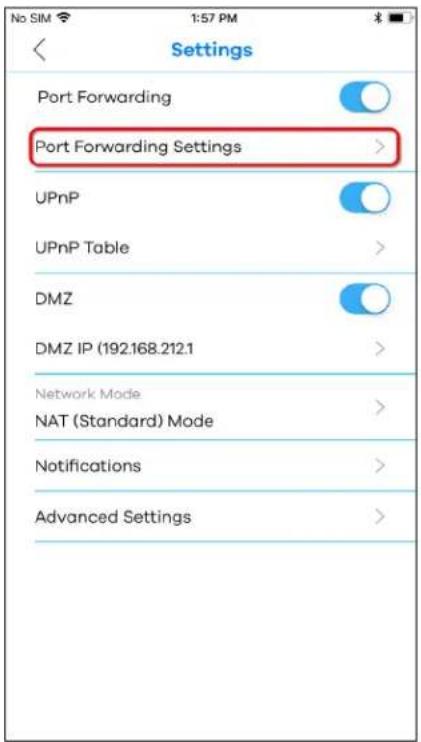 No SIM 1:57 PM Settings Port Forwarding Port Forwarding Settings > UPnP UPnP Table > DMZ DMZ IP (192.168.212.1 > Network Mode NAT (Standard) Mode > Notifications > Advanced Settings >