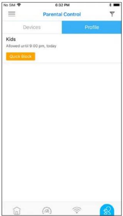 No SIM 6:32 PM Parental Control Devices Profile Kids Allowed until 9:00 pm, today Quick Block