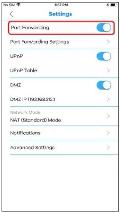 No SIM 1:57 PM Settings Port Forwarding Port Forwarding Settings > UPnP UPnP Table > DMZ DMZ IP (192.168.212.1 > Network Mode NAT (Standard) Mode > Notifications > Advanced Settings >