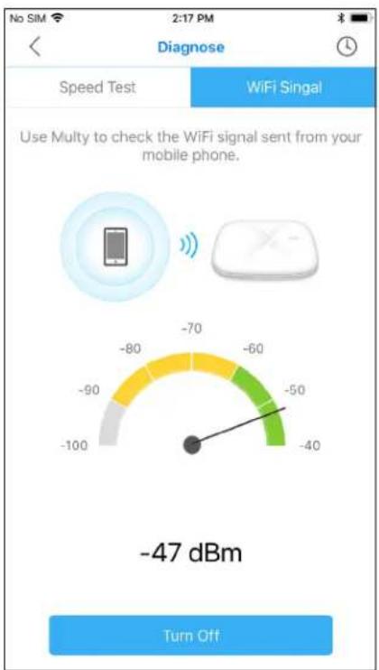 No SIM 2:17 PM Diagnose Speed Test WiFi Singal Use Multy to check the WiFi signal sent from your mobile phone. -80 -70 -60 -50 -40 -90 -100 -47 dBm Turn Off