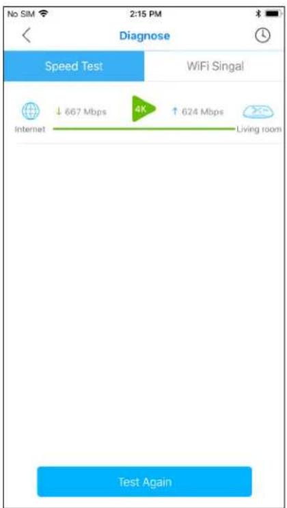 No SIM 2:15 PM Diagnose Speed Test WiFi Singal ↓ 667 Mbps 4K ↑ 624 Mbps Internet Living room Test Again