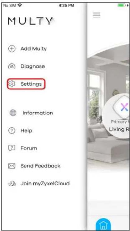 No SIM 4:35 PM MULTY Add Multy Diagnose Settings Information Help Forum Send Feedback Join myZyxelCloud