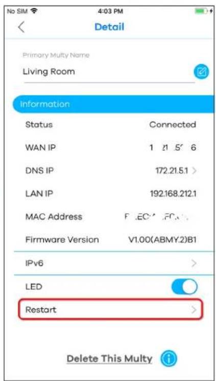 No SIM 4:03 PM Detail Primary Multy Name Living Room Information Status Connected WAN IP 1 21 5' 6 DNS IP 172.21.5.1 > LAN IP 192.168.212.1 MAC Address F:\EC\FC\. Firmware Version V1.00(ABMY.2)B1 IPv6 > LED Restart > Delete This Multy