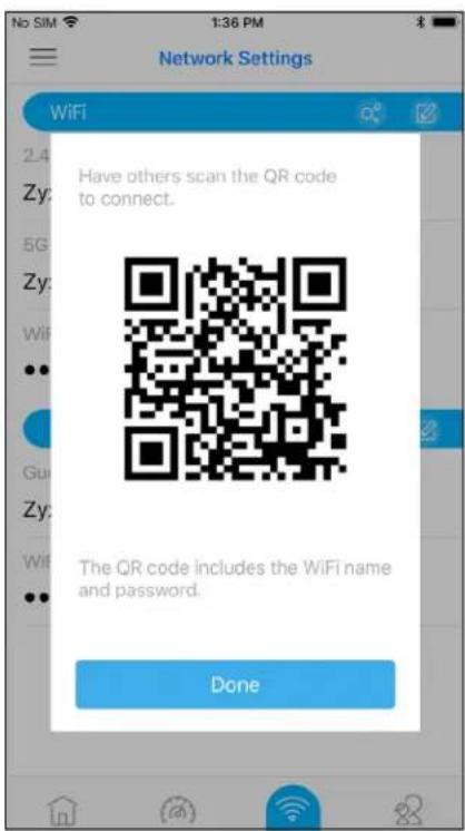 No SIM 1:36 PM Network Settings WiFi Have others scan the QR code to connect. The QR code includes the WiFi name and password. Done