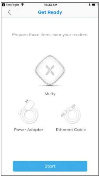 Get Ready Prepare these items near your modem. Multiy Power Adapter Ethernet Cable Start