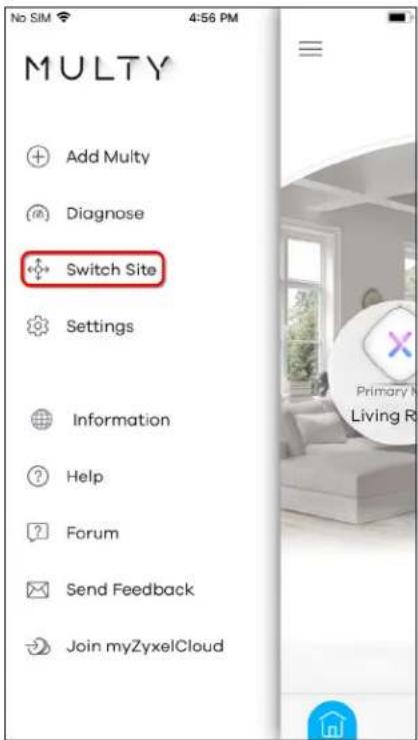 No SIM 4:56 PM MULTY Add Multy Diagnose Switch Site Settings Information Help Forum Send Feedback Join myZyxelCloud