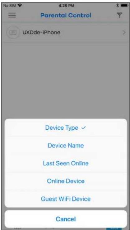 Parental Control UXDde-iPhone Device Type ✓ Device Name Last Seen Online Online Device Guest WiFi Device Cancel