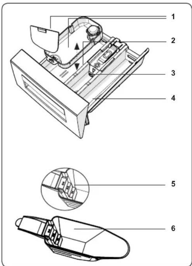 Technical diagram of a device with numbered parts, showing exploded and assembled views