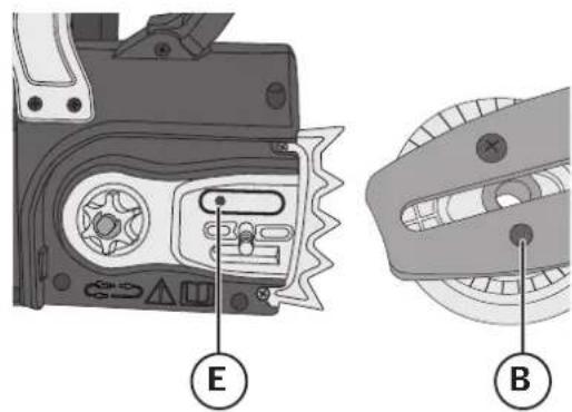 Technical diagram of a mechanical device with labeled parts E and B, showing internal components and assembly.