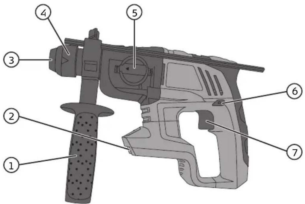 Labeled diagram of a drill bit with numbered parts for identification