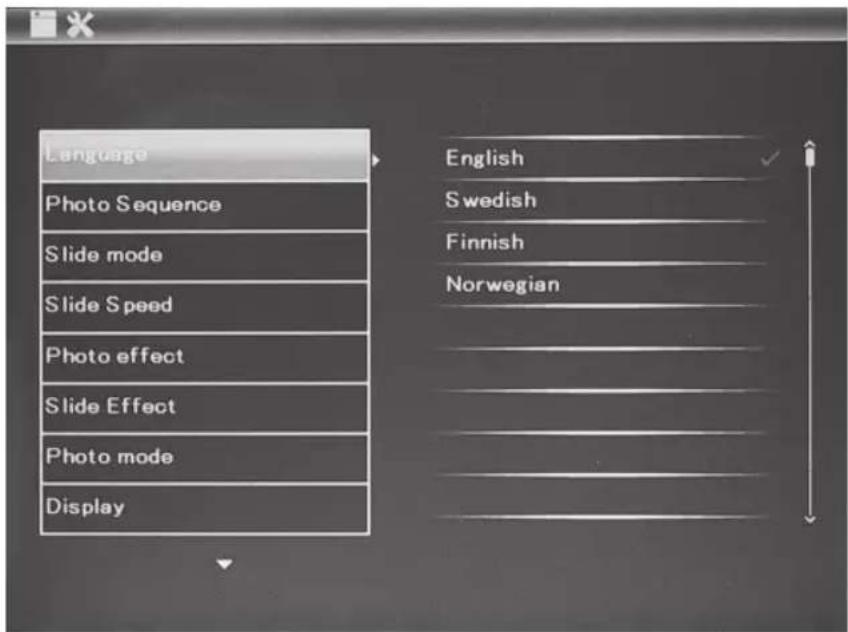 Language Photo Sequence Slide mode Slide Speed Photo effect Slide Effect Photo mode Display English Swedish Finnish Norwegian