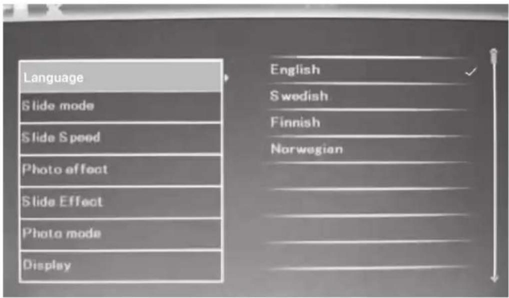 Language Slide mode Slide Speed Photo effect Slide Effect Photo mode Display English Swedish Finnish Norwegian