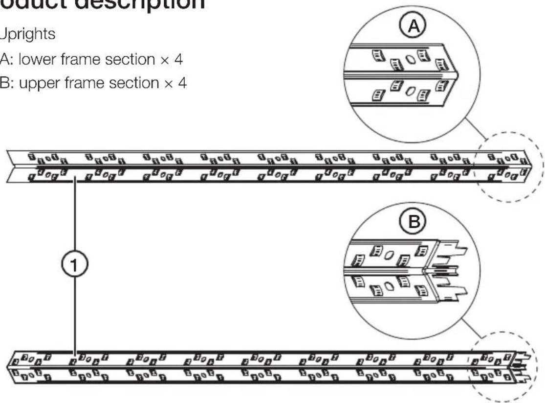 Product description Uprights A: lower frame section × 4 B: upper frame section × 4 1 A B