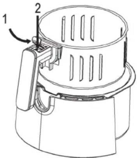 Technical diagram of a air fryer with labeled parts 1 and 2, showing internal structure and component layout.
