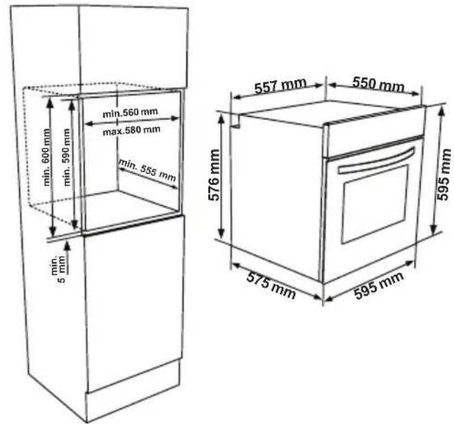 min. 600 mm min. 590 mm min. 560 mm max. 580 mm min. 555 mm min. 5 mm 557 mm 550 mm 576 mm 575 mm 595 mm