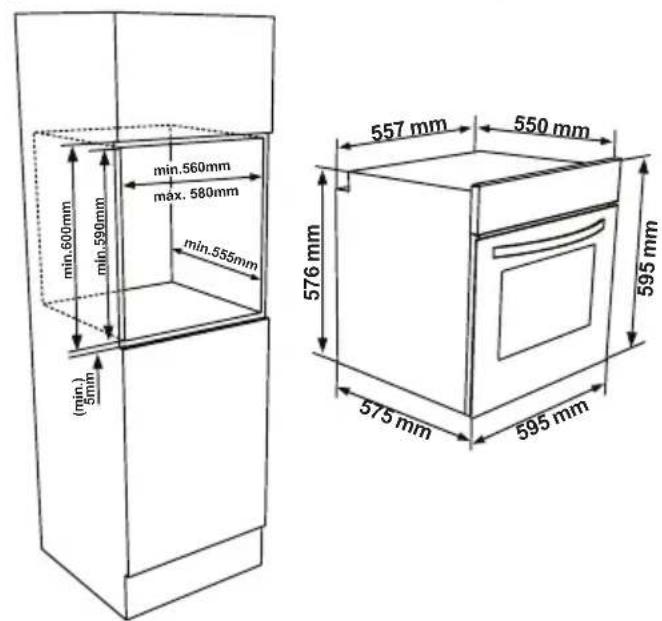 (min.) 5mm min.600mm min.590mm min.560mm max. 580mm min.555mm (5mm) 576 mm 557 mm 550 mm 595 mm 575 mm 595 mm
