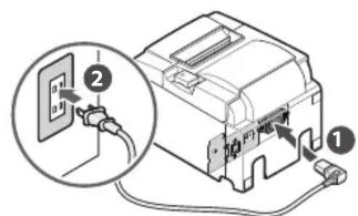 Diagram showing a power adapter with labeled components and connection to a wall socket, including magnified detail view.