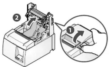 Diagram showing a printer with labeled parts and a magnified view of the printer's internal structure, marked as ① and ②.