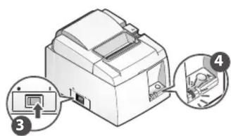 Diagram of a printer with labeled parts and arrows indicating insertion or viewing instructions