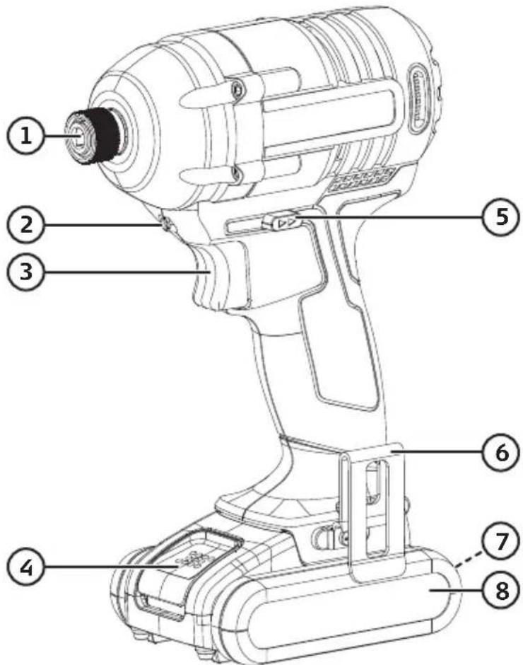 Technical diagram of a handheld electric drill press with numbered parts for identification