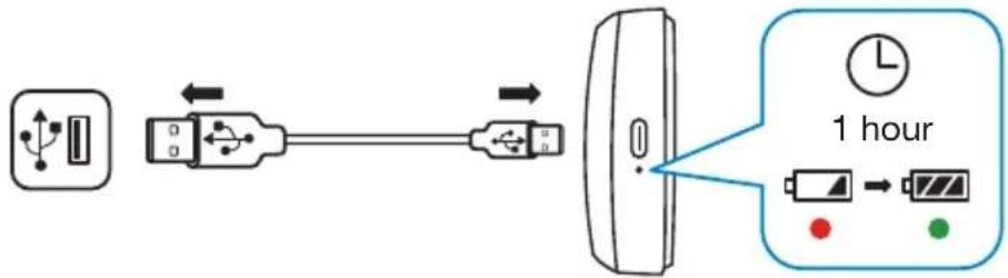 graph LR A["Port with USB cable"] --> B["USB cable"] B --> C["Server"] C --> D["1 hour battery charging"] D --> E["1 hour status indicator"]