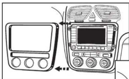Diagram showing car dashboard and infotainment device with labeled ports and control buttons