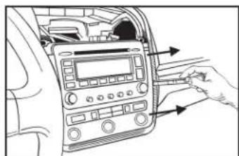 Diagram showing car infotainment device with hand pointing to control panel and directional arrows indicating signal or operation