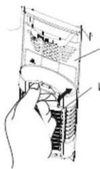 Technical diagram showing a hand holding a device with labeled components and internal structure