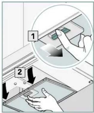 Diagram showing a hand using a device to press down an airfoil, with labeled parts and directional arrows indicating process flow.