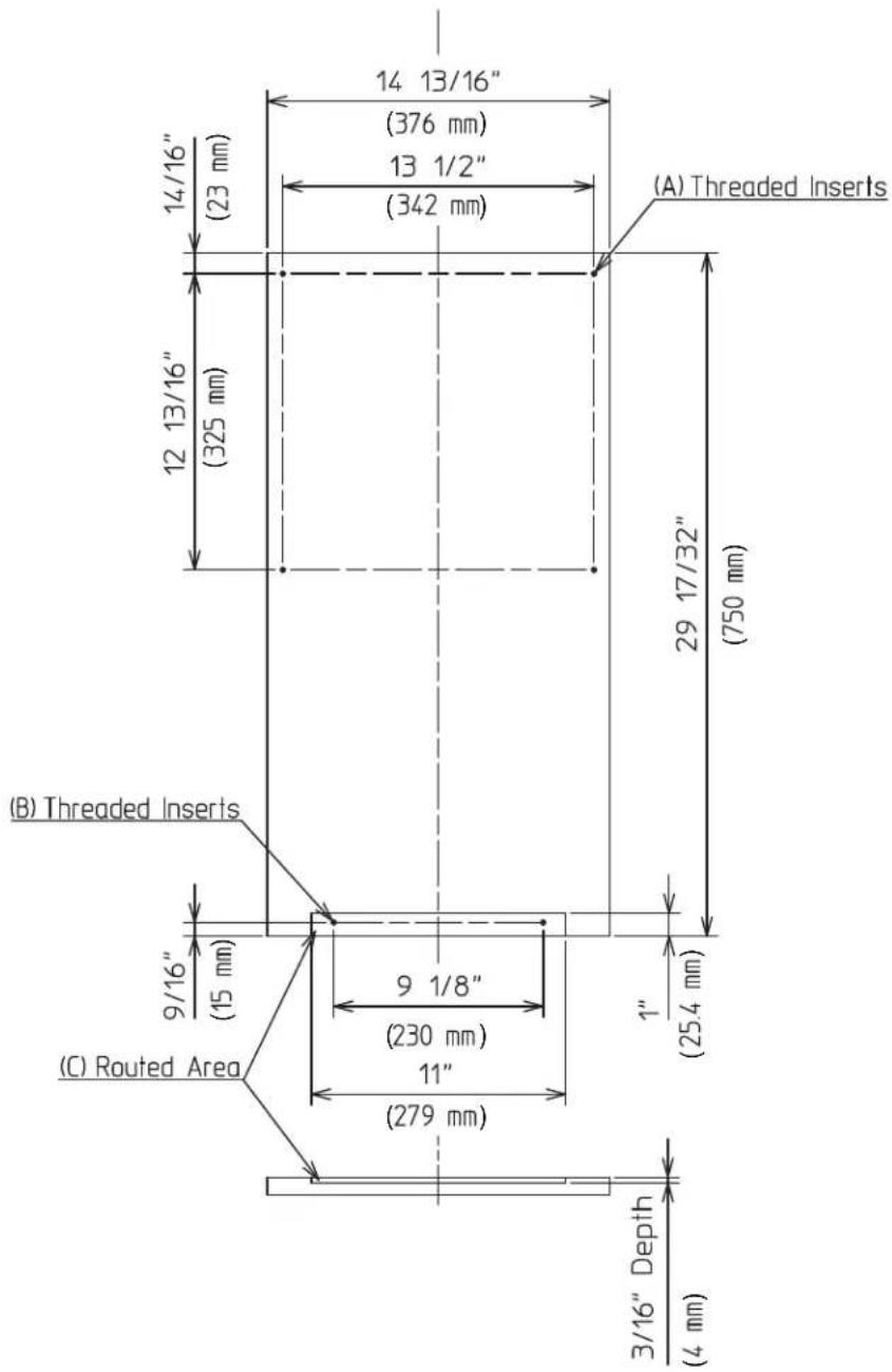 (A) Threaded Inserts 14 13/16" (376 mm) 13 1/2" (342 mm) 14/16" (23 mm) 12 13/16" (325 mm) 29 17/32" (750 mm) (B) Threaded Inserts 9/16" (15 mm) 9 1/8" (230 mm) 11" (279 mm) (C) Routed Area 1" (254 mm) 3/16" Depth (4 mm)