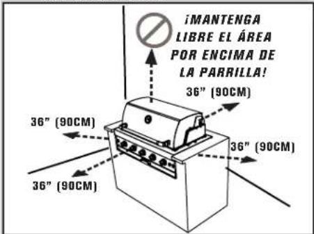 iMANTENGA LIBRE EL ÁREA POR ENCIMA DE LA PARRILLA! 36" (90CM) 36" (90CM) 36" (90CM)