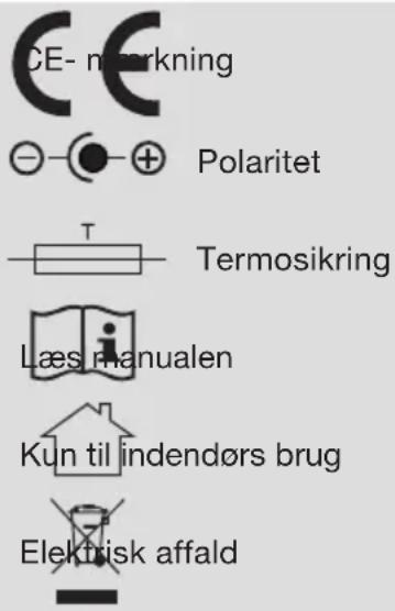 CE- nørkning Polaritet Termosikring Læs manualen Kun til lindendørs brug Elektrisk affald