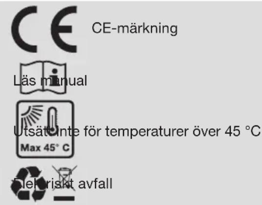 CE CE-märkning Läs manual Utsätte inte för temperaturer över 45 °C Max 45° C Elekriskt avfall